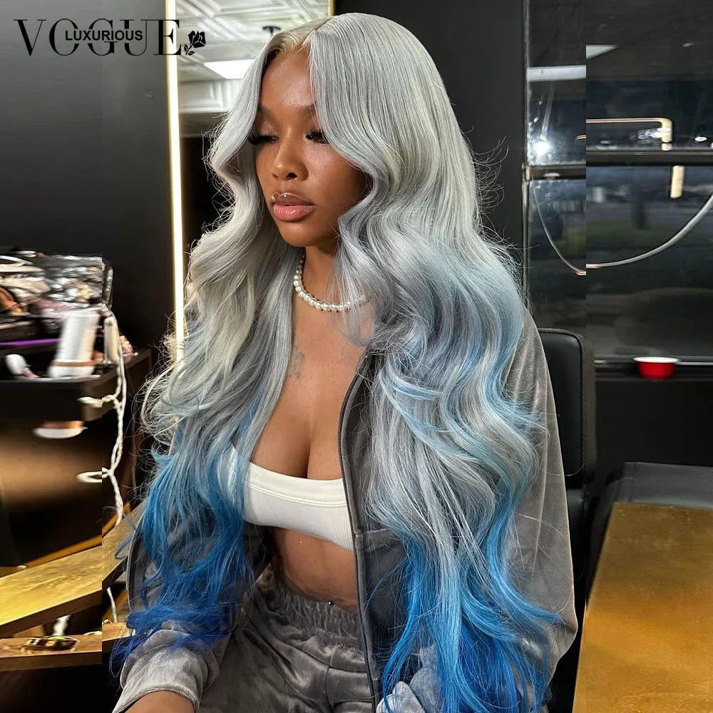 Omber Grey Blue Body Wave 100% Real Human Hair Wig 200% Density Pre Cut Remy Wigs Salon Hair Coloring Wig 13x6 Lace Front Wigs