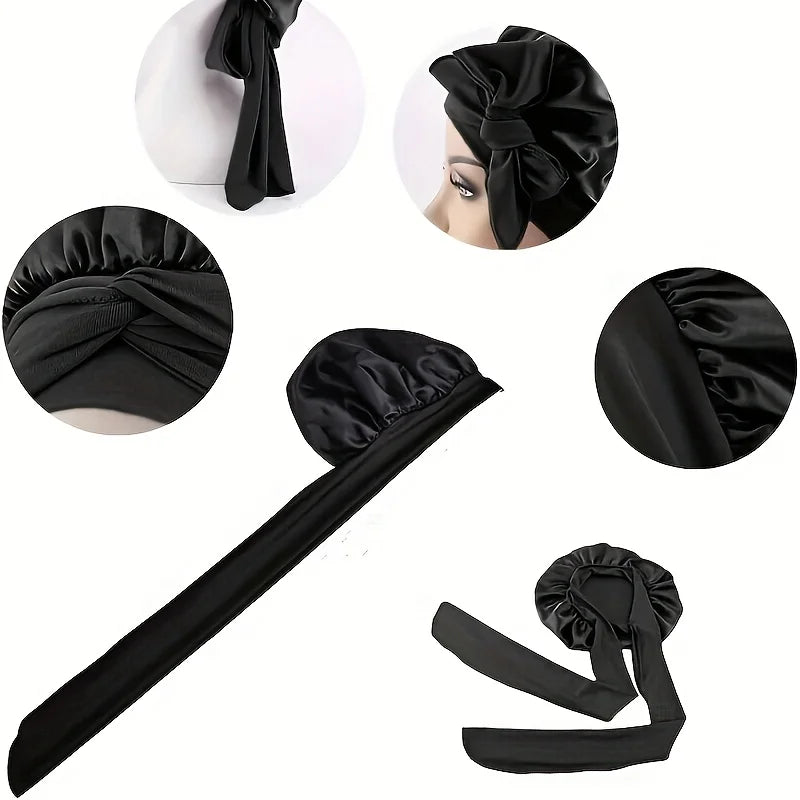 2PCS Satin Bonnets With Tie Band (Pink+Black), Sleeping Cap For Women, Multi-Use Hair Bonnets