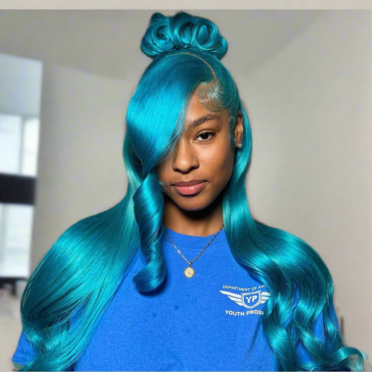 Blue Colored 13x6 HD Transparent Lace Frontal Wigs Human Hair Wig  For Black Women Cyan Brazilian Remy Hair Lace Front Wigs