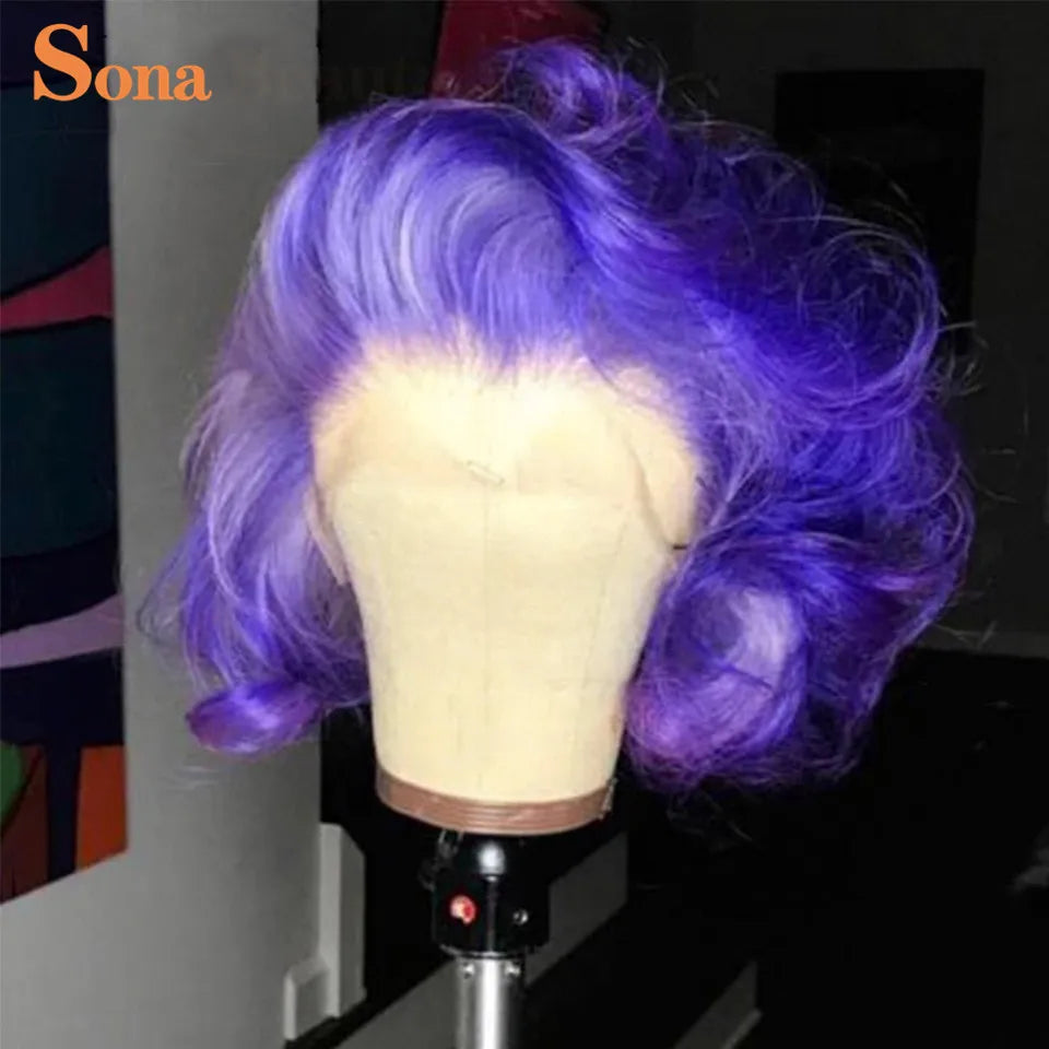 Short  Human Hair Wig Preplucked Ombre Colored Blue Green Purple Lace Front Wig Remy Hair For Women