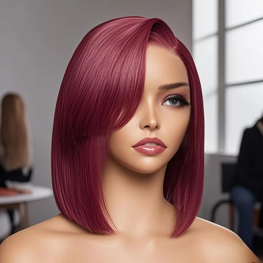 99J Burgundy 13x4 Short Lace Frontal Bob Wig Human Hair 100% Remy 16Inch Brazilian Transparent 200%Density Lace Wigs Pre Plucked