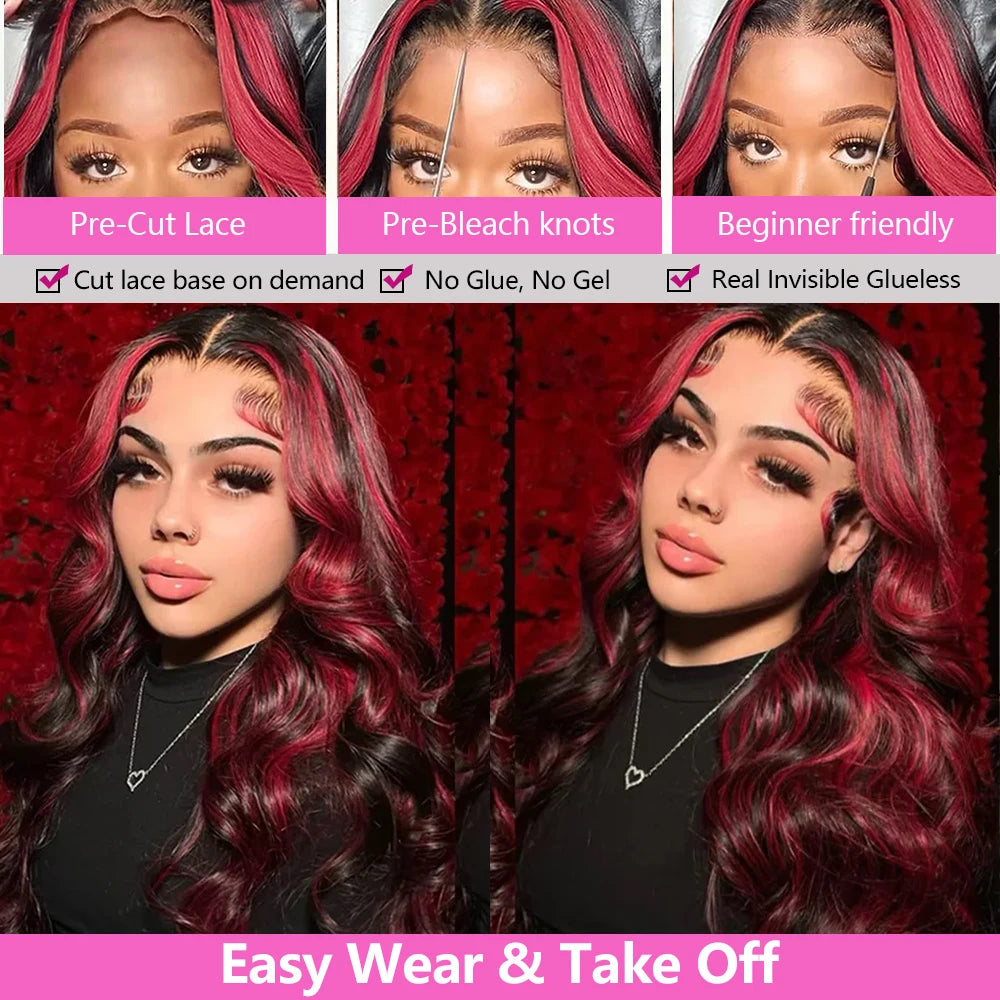 1B/99J Omber Black With Red 5x5 Highlight Lace Front Closure Body Wave Glueless Wigs Human Hair Brazilian Burgundy Colored Wigs