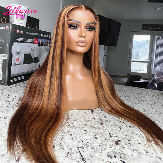 Silkwave Hd 13x4 13x6 Highlight Straight Lace Front Human Hair Wig Brown Blonde 4/27 Colored Wigs PrePlucked Brazilian For Women