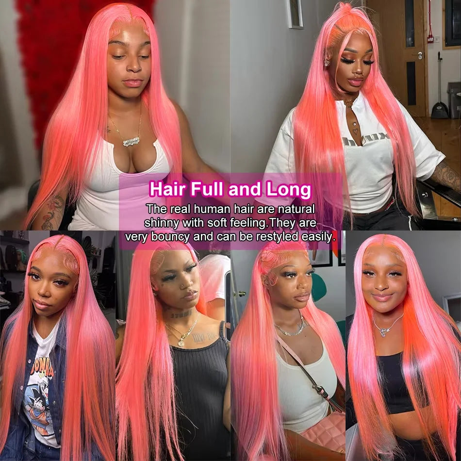 Brazilian Raw 200 Density 30 34 Inch 13x4 Pink Straight HD Transparent Lace Frontal Human Hair Wig Colored 13x6 Lace Front Wigs