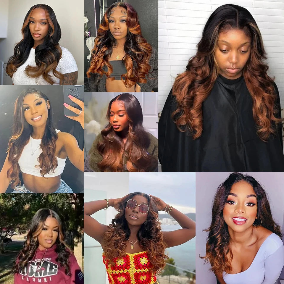 Ombre Ginger Brown Colored 13x6 Transparent Lace Frontal Wig Body Wave PrePlucked 12AGrade Lace Closure Human Hair Wig For Women