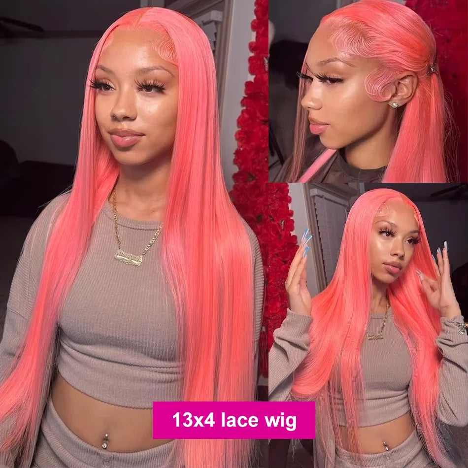 Brazilian Raw 200 Density 30 34 Inch 13x4 Pink Straight HD Transparent Lace Frontal Human Hair Wig Colored 13x6 Lace Front Wigs