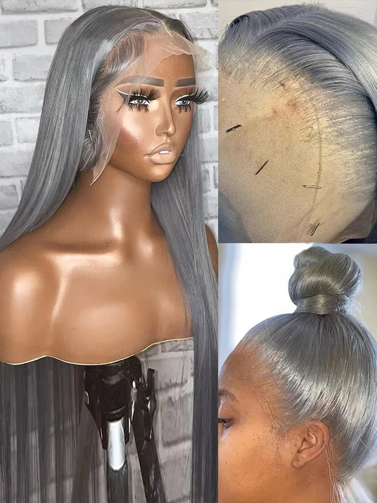 Silver Grey Straight Lace Front Wig Human Hair Colored HD Transparent 13x4 13x6 Lace Frontal Wig for Women Preplucked 250Density