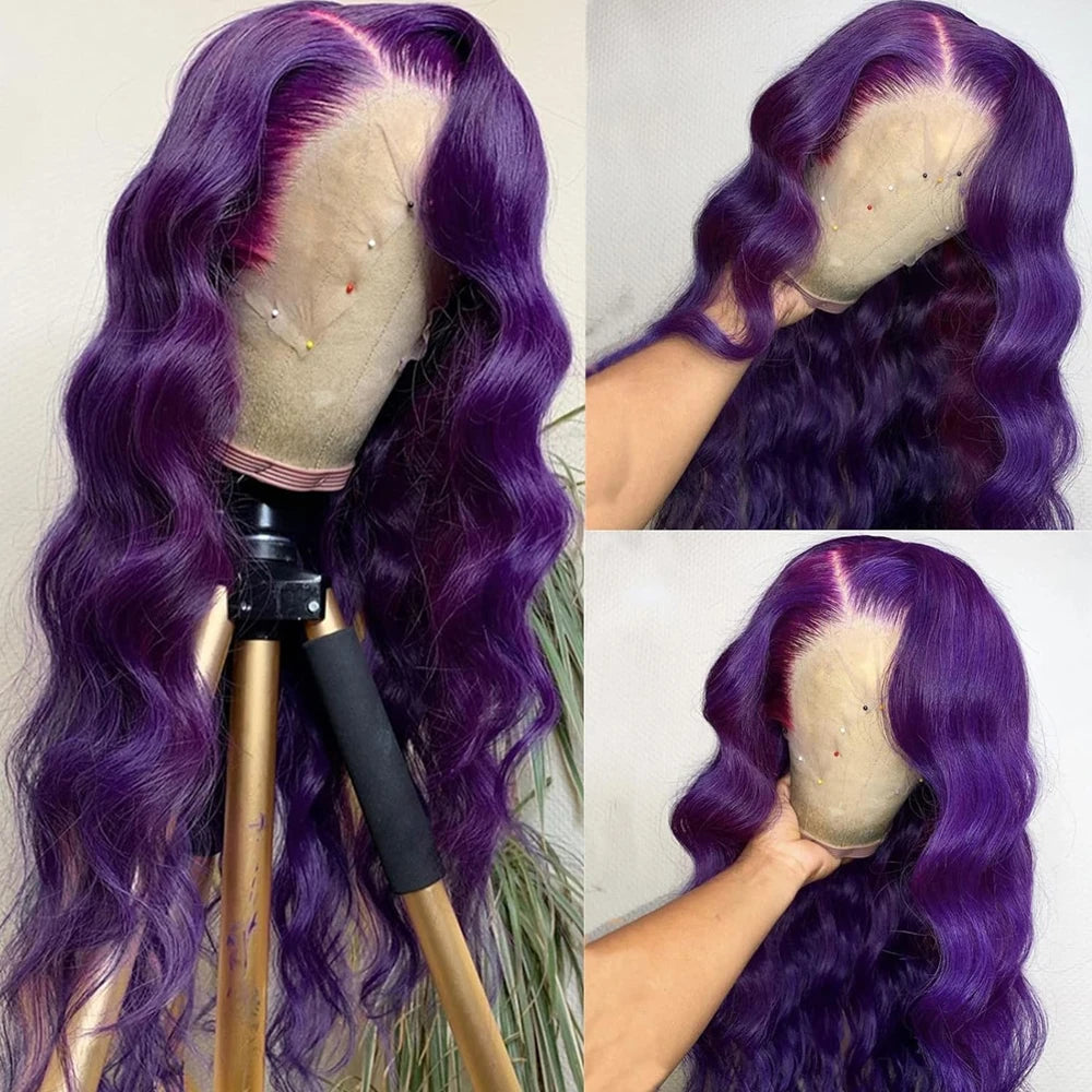 Body Wave Dark Purple Transparent HD Lace Frontal Wig 13x4 Lace Front Human Hair Wig PrePlucked For Women Brazilian Remy Hair