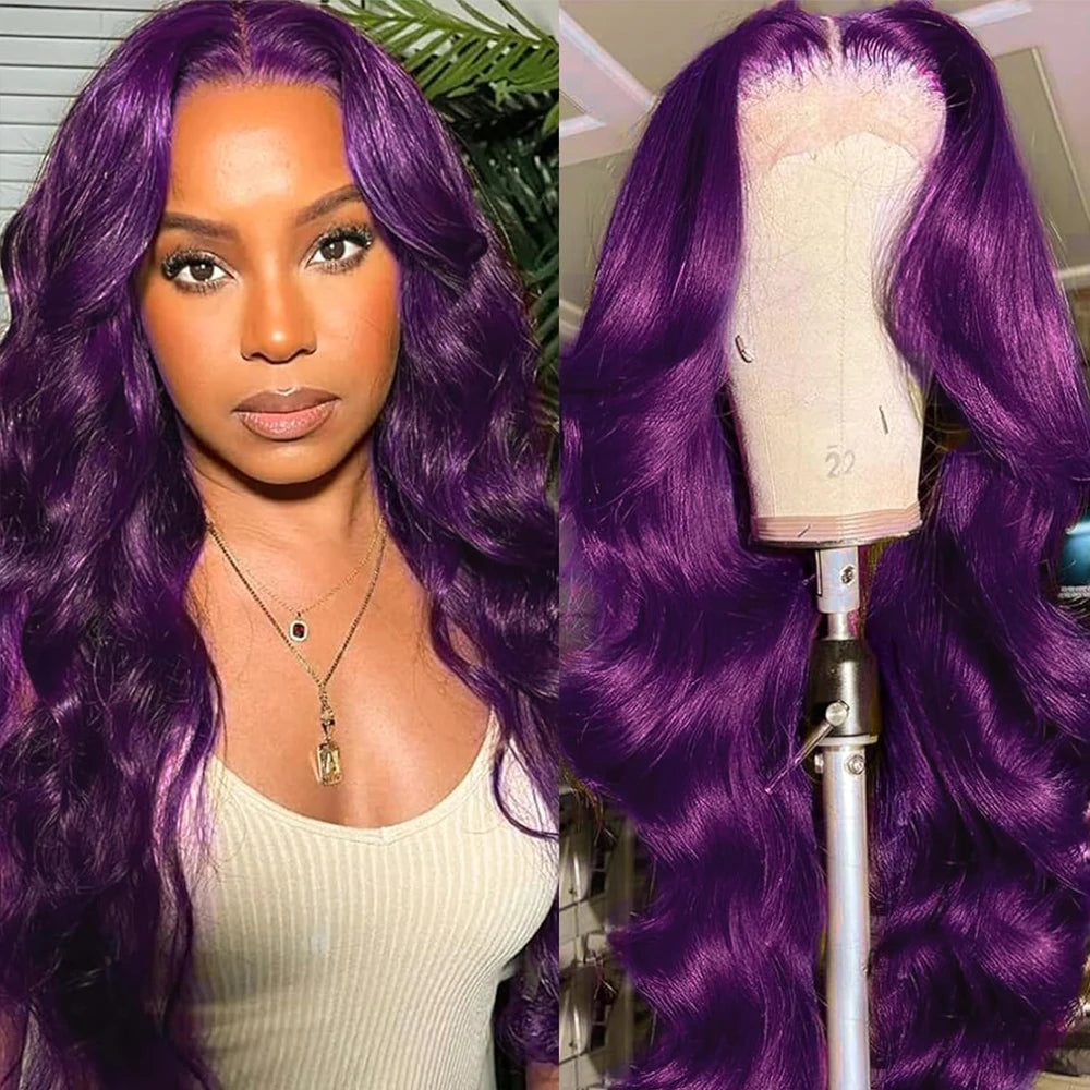 Body Wave Dark Purple Transparent HD Lace Frontal Wig 13x4 Lace Front Human Hair Wig PrePlucked For Women Brazilian Remy Hair