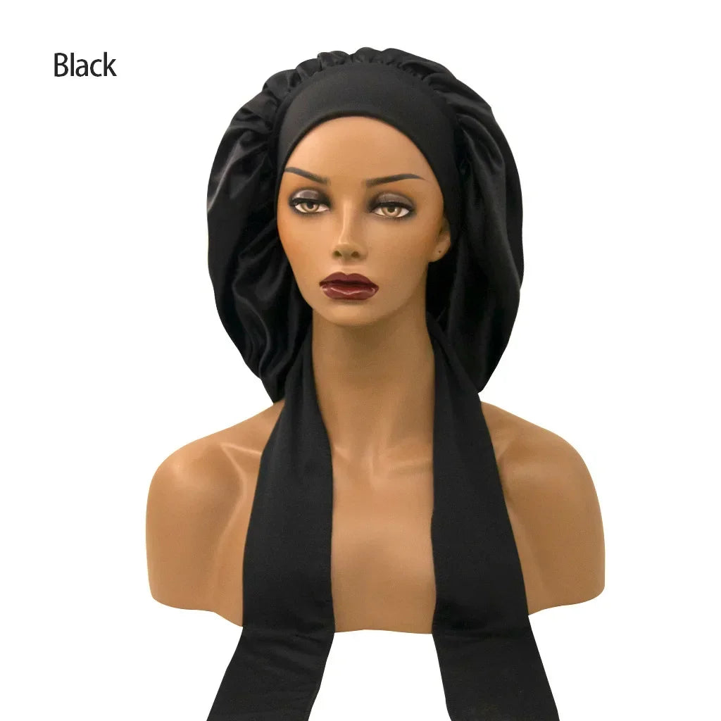 Women Satin Night Sleep Cap with Long Streamer Hair Care Bonnet