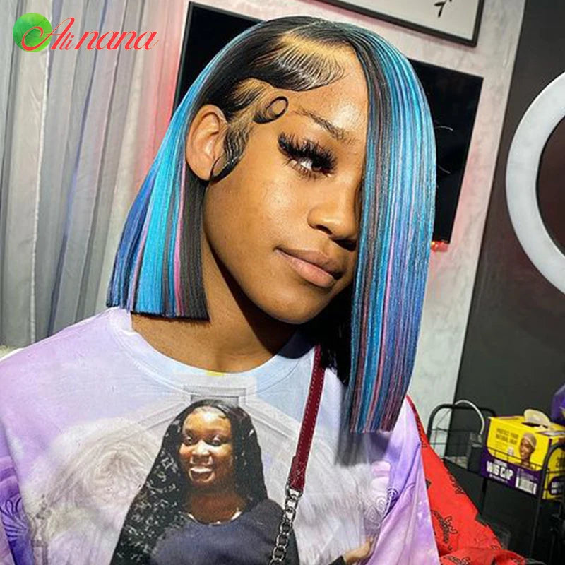 Highlights Blue/Pink/Rose Colored Short Bob Wig With Baby Hair Straight 13x4 Lace Frontal Wigs Remy Human Hair Wigs For Women