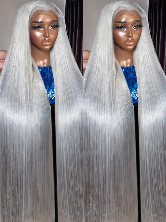 Silver Grey Straight Lace Front Wig Human Hair Colored HD Transparent 13x4 13x6 Lace Frontal Wig for Women Preplucked 250Density