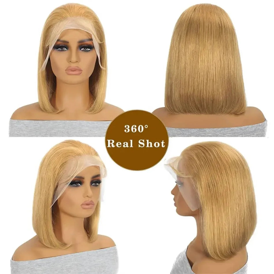 200% Double Drawn #27 Honey Blonde Colored Short Bob Human Hair Wigs For Women Human Hair 13x4 Lace Front Bob Wig Brazilian Hair