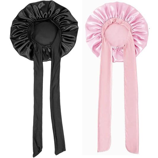 2PCS Satin Bonnets With Tie Band (Pink+Black), Sleeping Cap For Women, Multi-Use Hair Bonnets