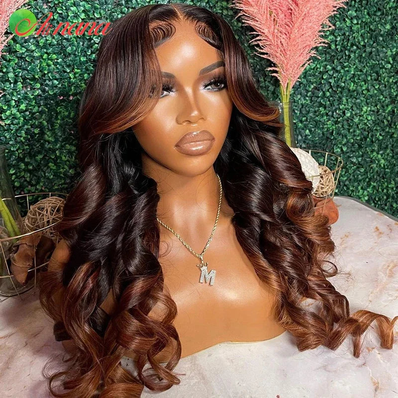 Ombre Ginger Brown Colored 13x6 Transparent Lace Frontal Wig Body Wave PrePlucked 12AGrade Lace Closure Human Hair Wig For Women