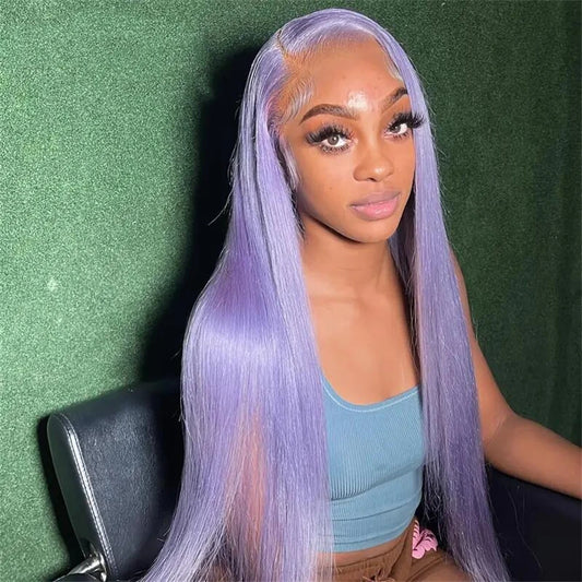 13x6 Purple Lace Front Human Hair Wig Brazilian Lace Frontal Wig Pre Plucked Long Straight Lavender Colored Lace Wigs