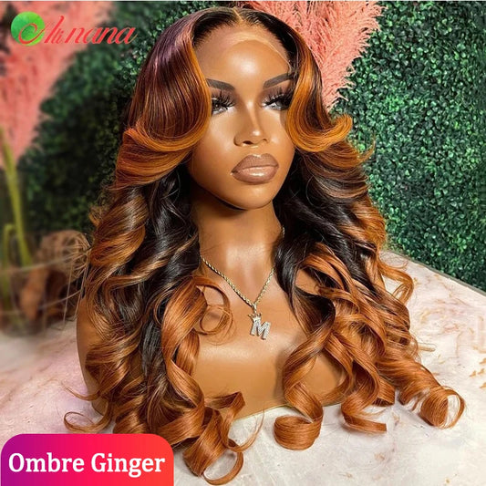 Ombre Ginger Brown Colored 13x6 Transparent Lace Frontal Wig Body Wave PrePlucked 12AGrade Lace Closure Human Hair Wig For Women