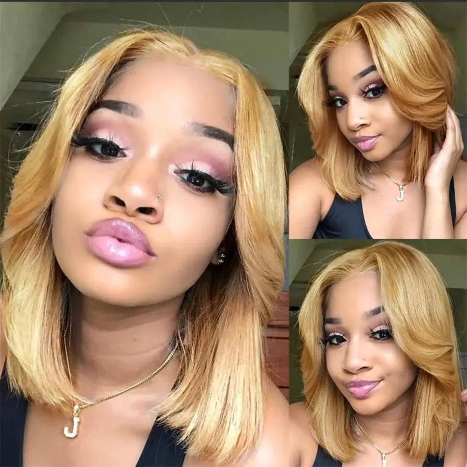200% Double Drawn #27 Honey Blonde Colored Short Bob Human Hair Wigs For Women Human Hair 13x4 Lace Front Bob Wig Brazilian Hair
