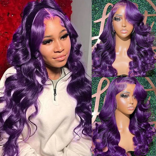 Body Wave Dark Purple Transparent HD Lace Frontal Wig 13x4 Lace Front Human Hair Wig PrePlucked For Women Brazilian Remy Hair