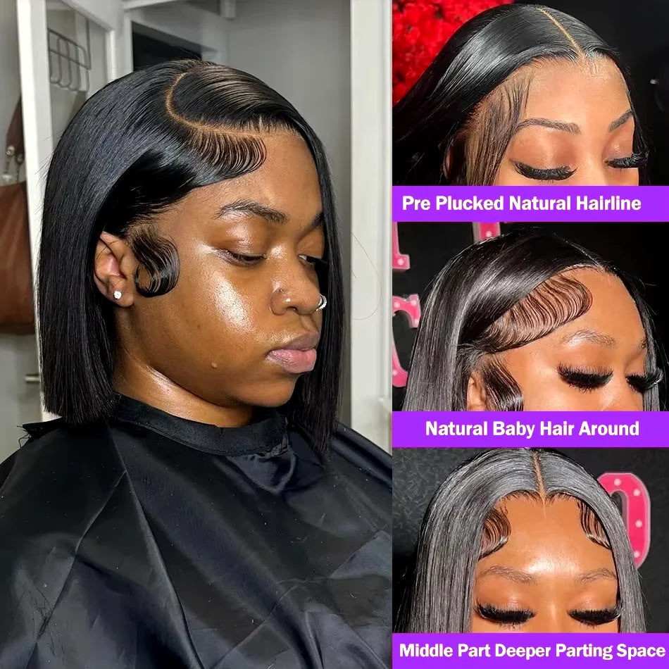 14Inch Short Straight Bob Wig Human 13x4 Transparent Lace Frontal Wig Hair Brazilian PrePlucked Lace Front Human Hair Wigs