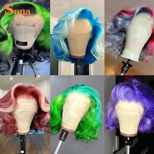 Short  Human Hair Wig Preplucked Ombre Colored Blue Green Purple Lace Front Wig Remy Hair For Women
