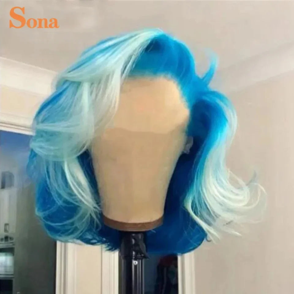 Short  Human Hair Wig Preplucked Ombre Colored Blue Green Purple Lace Front Wig Remy Hair For Women