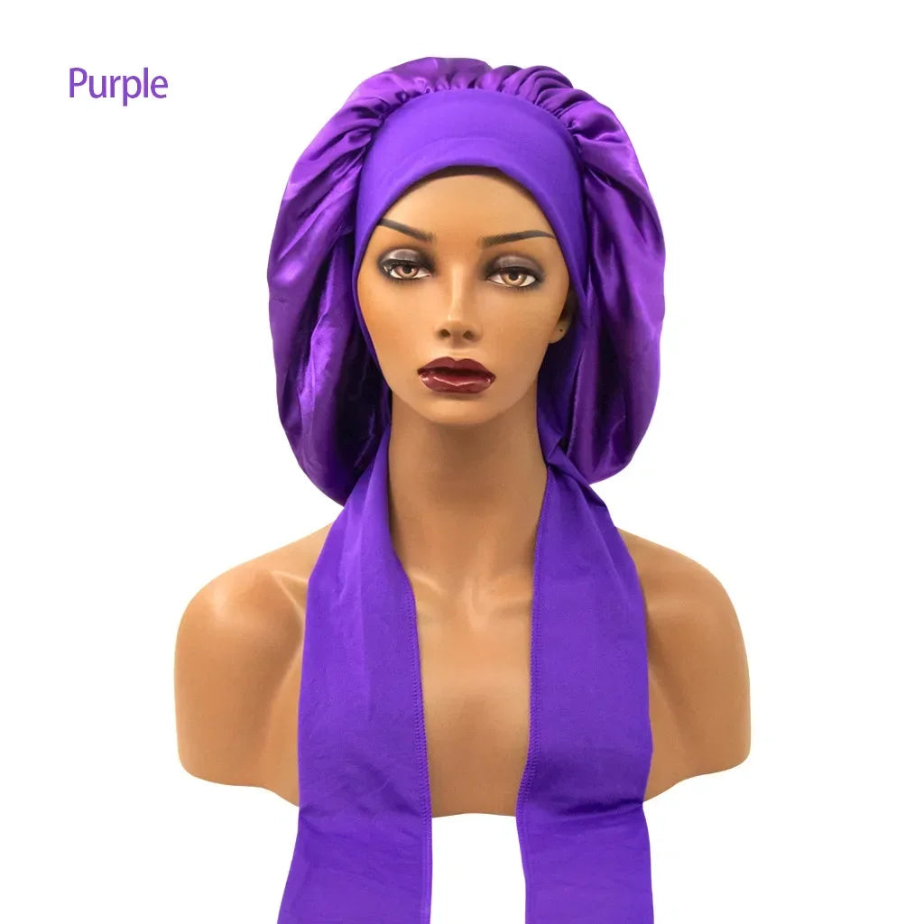 Women Satin Night Sleep Cap with Long Streamer Hair Care Bonnet