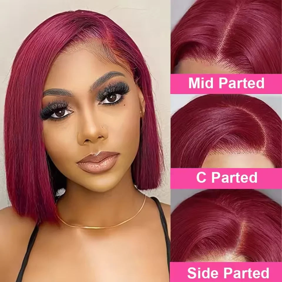 99J Burgundy 13x4 Short Lace Frontal Bob Wig Human Hair 100% Remy 16Inch Brazilian Transparent 200%Density Lace Wigs Pre Plucked