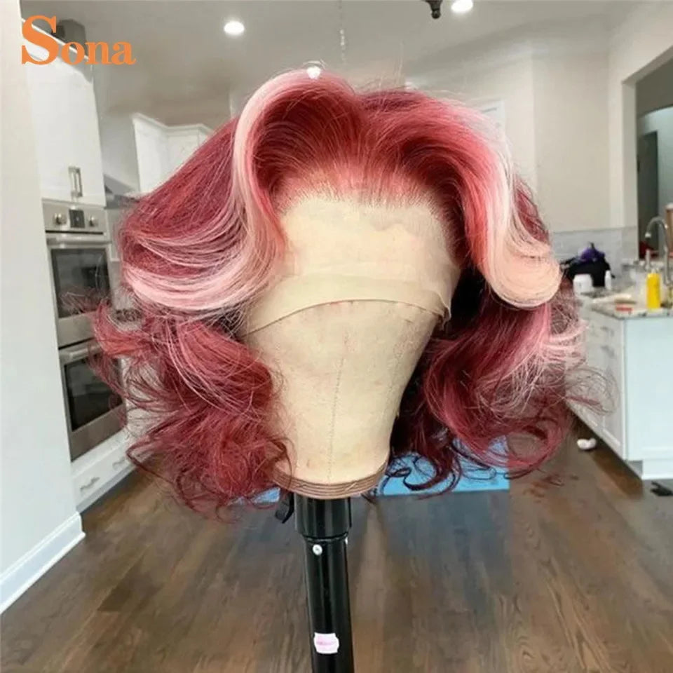 Short  Human Hair Wig Preplucked Ombre Colored Blue Green Purple Lace Front Wig Remy Hair For Women