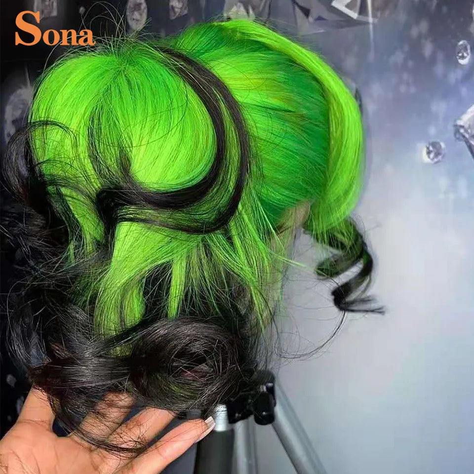 Short  Human Hair Wig Preplucked Ombre Colored Blue Green Purple Lace Front Wig Remy Hair For Women