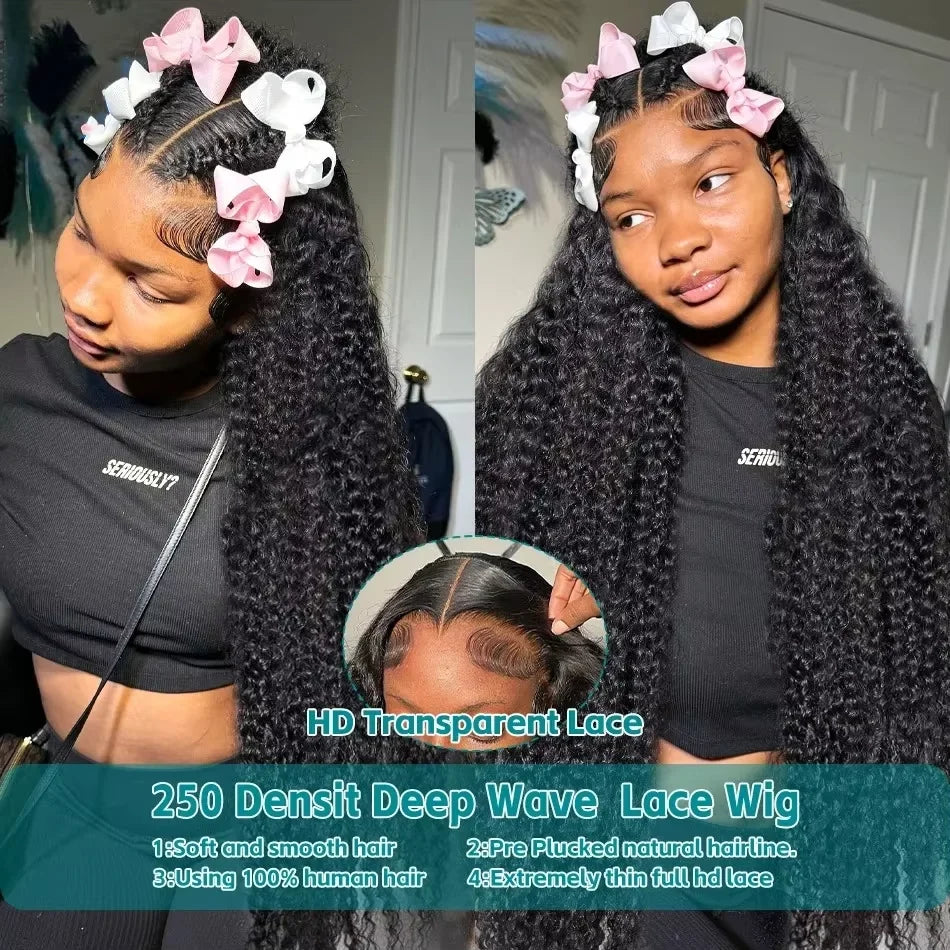 250 Density Deep Wave 30 40 Inch 13x6 13x4 HD Transparent Human Hair Wigs Water Curly Lace Front Wig Brazilian PrePlucke
