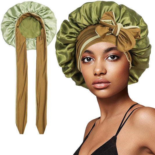 Women Double-layer Satin Sleep Cap Elastic Tie Band Cover Bonnet