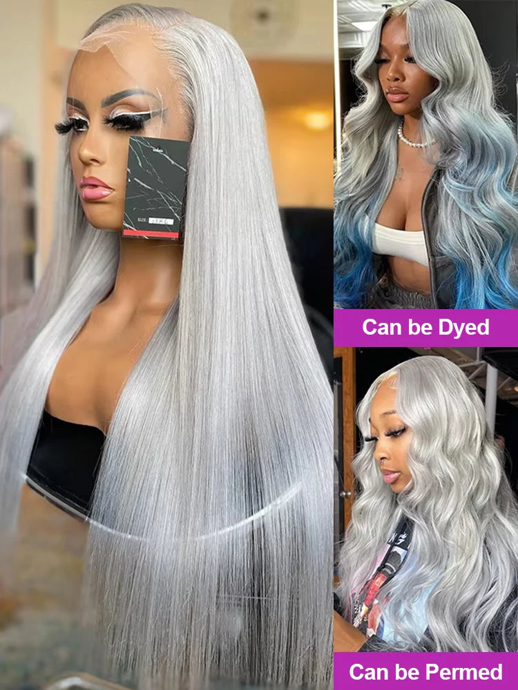 Silver Grey Straight Lace Front Wig Human Hair Colored HD Transparent 13x4 13x6 Lace Frontal Wig for Women Preplucked 250Density