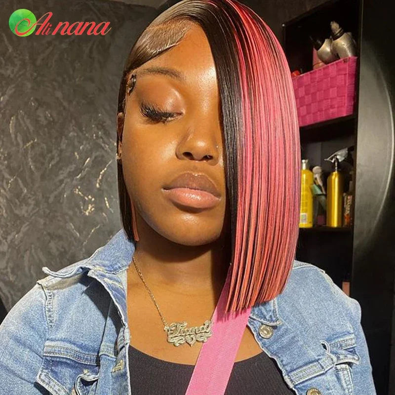 Highlights Blue/Pink/Rose Colored Short Bob Wig With Baby Hair Straight 13x4 Lace Frontal Wigs Remy Human Hair Wigs For Women