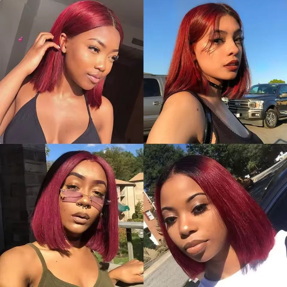 99J Burgundy 13x4 Short Lace Frontal Bob Wig Human Hair 100% Remy 16Inch Brazilian Transparent 200%Density Lace Wigs Pre Plucked