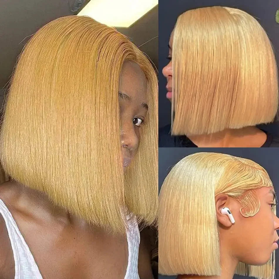 200% Double Drawn #27 Honey Blonde Colored Short Bob Human Hair Wigs For Women Human Hair 13x4 Lace Front Bob Wig Brazilian Hair