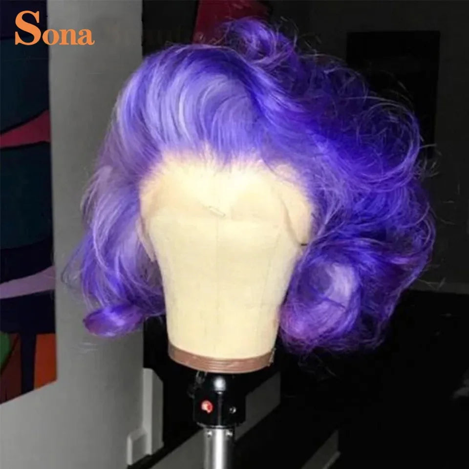 Short  Human Hair Wig Preplucked Ombre Colored Blue Green Purple Lace Front Wig Remy Hair For Women