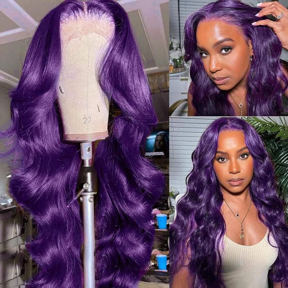 Body Wave Dark Purple Transparent HD Lace Frontal Wig 13x4 Lace Front Human Hair Wig PrePlucked For Women Brazilian Remy Hair